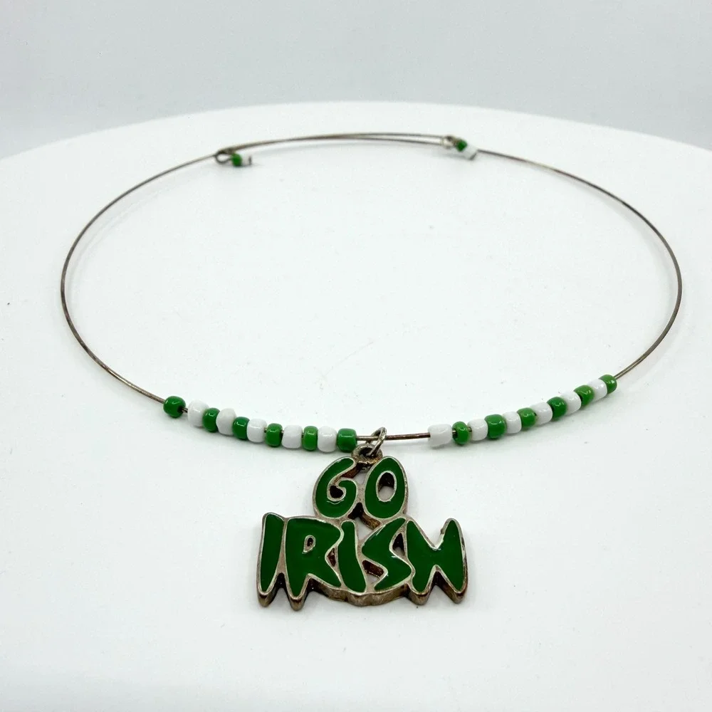 Green White Beaded Go Irish Pendant Wire Choker Necklace St Patrick's Day Gift